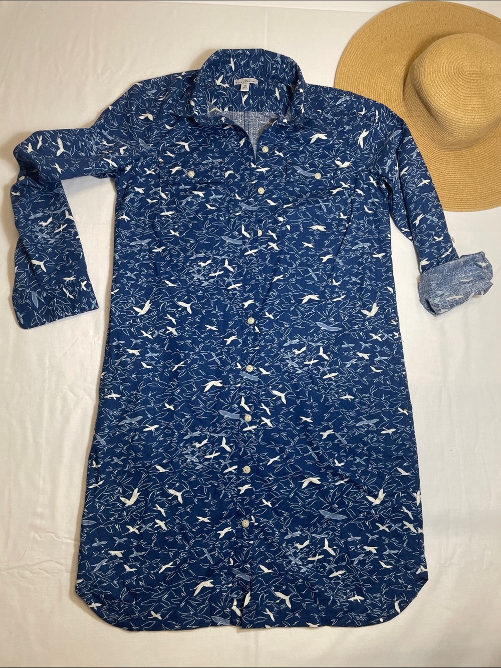 LL Bean Quality ๐ฏ Cotton Shirt dress Navy Birds luxury preppy East coast XS